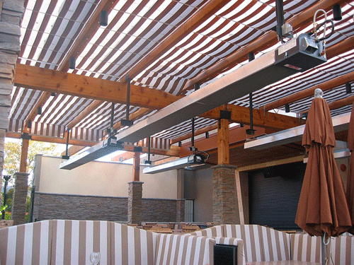 infrared patio heating mounted under covered pergola